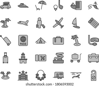 Thin line gray tint vector icon set - suitcase vector, passport, sand castle, plane, car baggage, camper, passenger, rolling, ticket, case, hotel, tent, beach, arnchair under umbrella, palm tree