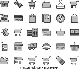 Thin line gray tint vector icon set - paper bag vector, grocery basket, bank card, dollar, e, city block, cart, put in, crossed, with handles, cards, kiosk, hanger, label, stall, shopping, cash
