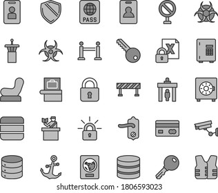 Thin line gray tint vector icon set - prohibition vector, Baby chair, key, door knob, road fence, lock, anchor, passport, big data, strongbox, reverse side of a bank card, encrypting, biohazard