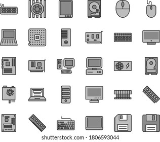 Juego de iconos vectoriales de tonos grises de línea delgada - vector de disquete, portátil, monitor, teclado, pantalla, procesador, computadora, tablet pc, portátil, ventilador del radiador, ratón, fuente de alimentación, torre, motherboard, memoria