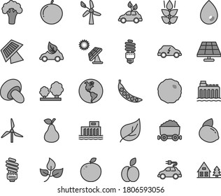 Thin line gray tint vector icon set - saving light bulb vector, drop, porcini, cabbage, apple, pear, mint, tangerine, yellow lemon, delicious, peas, broccoli, solar panel, big, leaves, leaf, trees