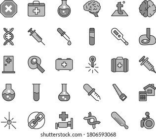 Thin line gray tint vector icon set - mark of injury vector, spectacles, first aid kit, electronic thermometer e, mercury, bag a paramedic, medical, arm saw, estimate, temperature, round flask, dna
