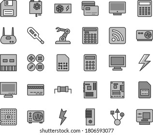 Thin line gray tint vector icon set - lightning vector, floppy disk, monitor, window, bank card, calculator, rss feed, electronic thermometer e, screen, cards, math actions, processor, SIM, engineer