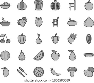 Thin line gray tint vector icon set - a chair for feeding vector, child, mini hot dog, mushroom, bowl of buckwheat porridge, rice, plate fruit, barbecue, orange slice, sandwich, cherry, grape, fig