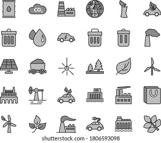 Thin line gray tint vector icon set - dust bin vector, bag with handles, apple stub, solar panel, working oil derrick, leaves, leaf, windmill, wind energy, manufacture, factory, hydroelectricity