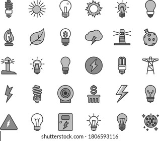 Thin line gray tint vector icon set - lightning vector, matte light bulb, incandescent lamp, saving, dangers, storm cloud, lens, leaf, power pole, energy, mercury, lighthouse, coastal, electricity