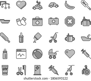 Thin line gray tint vector icon set - heart symbol vector, mark of injury, first aid kit, toys over the cot, mug for feeding, measuring cup, bottle, baby powder, carriage, summer stroller, sitting