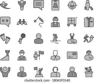Thin line gray tint vector icon set - image of thought vector, cargo trolley, footprints, builder, employee, pass card, operator, folded shirt, gas welding, woman, man, in sight, think, conversation
