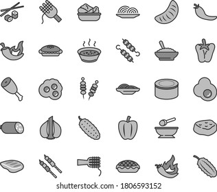 Thin line gray tint vector icon set - deep plate with a spoon vector, sausage, canned goods, fried vegetables on sticks, onion, slices of, spaghetti, noodles, pie, apple, bowl buckwheat porridge