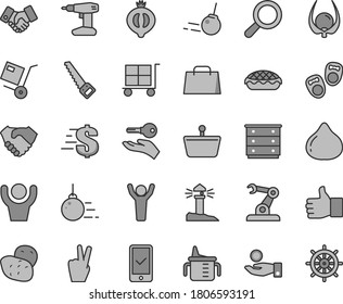 Thin line gray tint vector icon set - cargo trolley vector, magnifier, dollar, chest of drawers, measuring cup for feeding, shoes little children, big core, drill, arm saw, shipment, apple pie, fig