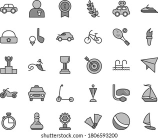 Thin line gray tint vector icon set - bath ball vector, motor vehicle, present, child Kick scooter, warm hat, timer, car, retro, flame torch, laurel branch, winner podium, cup, gold, pawn, pennant