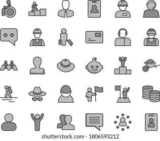 Thin line gray tint vector icon set - image of thought vector, woman, women, hat, with glasses, funny hairdo, builder, workman, garden trolley, employee, pass card, operator, coins, racer, man, flag