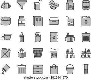 Thin line gray tint vector icon set - wicker pot vector, bin, storage unit, mug for feeding, measuring cup, bottle, powder, baby, e, packing of juice with a straw, bucket, dust, drawer, bag handles