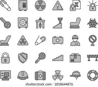 Thin line gray tint vector icon set - warning vector, prohibition, Baby chair, car child seat, safety pin, open, bag of a paramedic, medical, workman, key, construction helmet, road fence, lock, atm