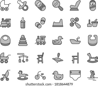 Thin line gray tint vector icon set - toys over the cradle vector, dummy, measuring bottle for feeding, diaper, bib, baby, beanbag, rattle, car child seat, stroller, carriage, summer, rubber duck, a
