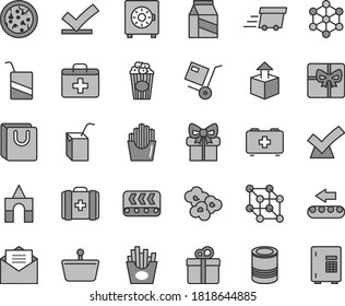 Thin line gray tint vector icon set - first aid kit vector, bag of a paramedic, medical, e, packing juice with straw, box bricks, received letter, strongbox, handles, gift, package, shipment, tin