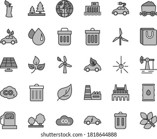 Thin line gray tint vector icon set - bin vector, dust, bag with handles, apple stub, solar panel, working oil derrick, leaves, leaf, gas station, windmill, wind energy, hydroelectric, trees, forest