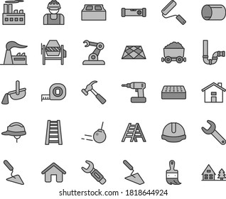 Thin line gray tint vector icon set - house vector, trowel, building, concrete mixer, cordless drill, measuring tape, new roller, wooden paint brush, stepladder, ladder, siphon, construction level