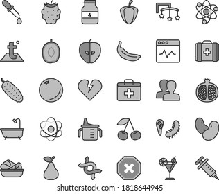 Thin line gray tint vector icon set - mark of injury vector, women, first aid kit, toys over the cot, measuring cup for feeding, medical bag, bath, temperature, broken heart, cardiogram, cucumber