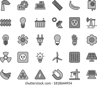 Thin line gray tint vector icon set - saving light bulb vector, power socket type b, new radiator, regulator, banana, bananas, marine propeller, solar panel, big, working oil derrick, windmill, sun