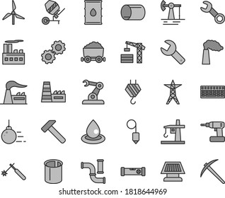 Thin line gray tint vector icon set - repair key vector, tower crane, hook, big core, concrete mixer, cordless drill, construction level, plummet, hammer, working oil derrick, windmill, water pipes