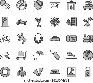 Thin line gray tint vector icon set - earth vector, train, taxi, bike, motorcycle, security gate, plane ticket, rolling case, arrival, hotel, beach, arnchair under umbrella, palm tree, hawaii wreath