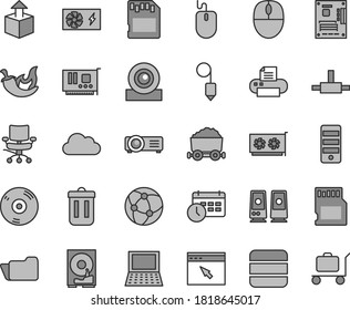 Thin line gray tint vector icon set - plummet vector, unpacking, chili, trolley with coal, notebook pc, mouse, power supply, tower, motherboard, card, gpu, web camera, hdd, cd, printer, speaker, sd
