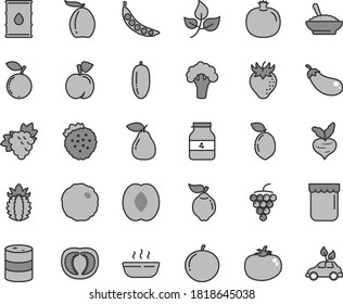 Thin line gray tint vector icon set - a bowl of buckwheat porridge vector, hot, cabbage, tomato, jam, jar, strawberries, peach, pomegranate, branch grape, large, quince, pear, strawberry, blueberry