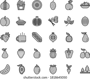 Thin line gray tint vector icon set - Hot Dog vector, a bowl of buckwheat porridge, plate fruit, peper, French fries, sushi set, cup tea, strawberry, pear, peach, apple, half pomegranate, medlar