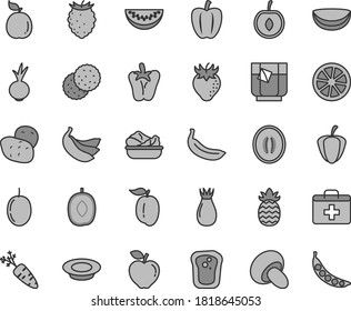 Thin line gray tint vector icon set - first aid kit vector, porcini, lettuce in a plate, of milk, peper, beet, glass tea, biscuit, sandwich, red apple, strawberry, rose hip, tasty raspberry, ripe