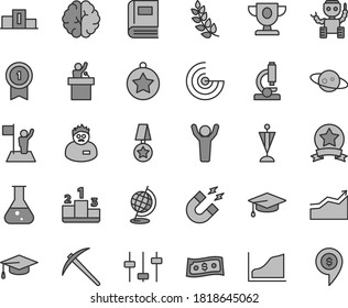 Thin line gray tint vector icon set - pedestal vector, flask, microscope, brain, settings, book, globe, magnet, scientist, graduate hat, growth graph, radar, robot, saturn, laurel branch, prize, pin
