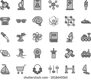 Thin line gray tint vector icon set - microscope vector, molecule, atom, glasses, brain, settings, satellite, book, pipette, medal, saturn, lunar rover, 3d cube, flame torch, sail boat, backpacker