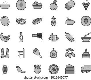 Thin line gray tint vector icon set - mug for feeding vector, plates and spoons, a chair, plastic fork, noodles, piece of cake, birthday, bowl rice porridge, hot, lettuce in plate, chicken thigh