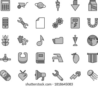 Thin line gray tint vector icon set - downward direction vector, clean sheet of paper, growth up, calculator, bib, tumbler, Puzzle, building trolley, dangers, faucet mixer, package, megaphone, mint