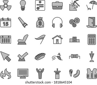 Thin line gray tint vector icon set - house vector, monitor, wind direction indicator, car child seat, hand saw, calendar, headphones, japanese sushi, coal mining, light bulb, radiation, portfolio