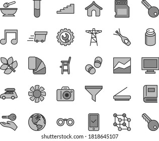 Thin line gray tint vector icon set - monitor window vector, camera, line chart, powder, deep plate with a spoon, chair for feeding child, shoes, sample of colour, key, gear, power pole, filter, fan
