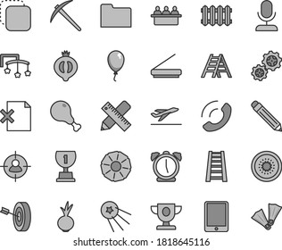 Thin line gray tint vector icon set - graphite pencil vector, toys over the cot, balloon, stepladder, ladder, writing accessories, new radiator, alarm clock, delete page, phone call, copy, beet