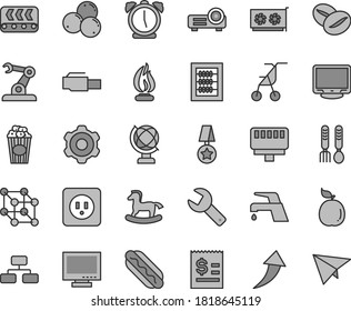 Thin line gray tint vector icon set - repair key vector, monitor, new abacus, sitting stroller, iron fork spoons, small rocking horse, cogwheel, power socket type b, faucet mixer, alarm clock, globe