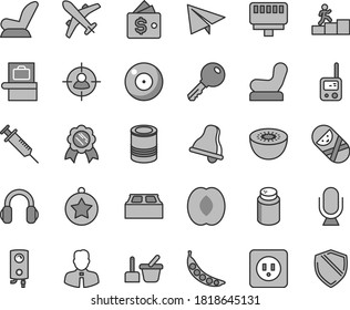 Thin line gray tint vector icon set - camera vector, bell, paper airplane, powder, Baby chair, car child seat, tumbler, toy phone, sand set, power socket type b, building block, boiler, employee