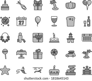 Thin line gray tint vector icon set - daily calendar vector, colored air balloons, balloon, cake, gift, Easter, torte, birthday, Chupa Chups, lollipop, glass, pumpkin, wall, giftbox, sand castle