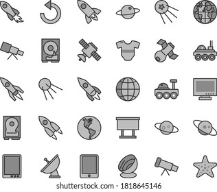 Thin line gray tint vector icon set - monitor vector, counterclockwise, t short, earth, artificial satellite, planet, billboard, rocket, space, tablet pc, hdd, telescope, antenna, saturn, first