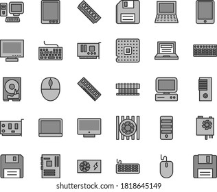 Thin line gray tint vector icon set - floppy disk vector, laptop, monitor, keyboard, screen, processor, computer, tablet pc, notebook, radiator fan, mouse, power supply, tower, motherboard, memory