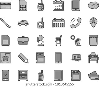 Thin line gray tint vector icon set - tassel vector, desktop microphone, calendar, bank card, toy phone, mobile, a chair for feeding child, concrete mixer, smartphone, nightstand, piece of meat, jam