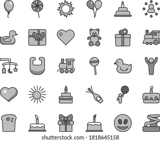 Thin line gray tint vector icon set - heart symbol vector, toys over the cradle, bib, rubber duck, baby duckling, teddy bear, toy train, children's, colored air balloons, balloon, cake, birthday