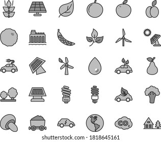 Thin line gray tint vector icon set - saving light bulb vector, drop, porcini, cabbage, apple, pear, mint, tangerine, delicious, peas, broccoli, solar panel, big, leaves, leaf, windmill, wind energy