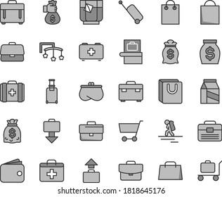 Thin line gray tint vector icon set - briefcase vector, paper bag, first aid kit, toys over the cot, of a paramedic, medical, portfolio, suitcase, case, with handles, package, glass tea, cart, purse