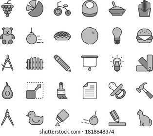 Thin line gray tint vector icon set - graphite pencil vector, scribbled paper, nipple, baby powder, bib, duckling, small teddy bear, child bicycle, big core, color samples, wooden paint brush, hedge