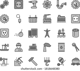 Thin line gray tint vector icon set - workman vector, winch hook, concrete mixer, adjustable wrench, drill, sewerage, power socket type b, f, buildings, plummet, gear, star, hammer, core, sea port