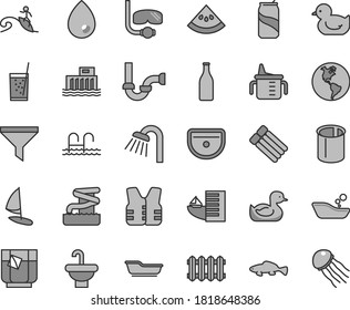 Thin line gray tint vector icon set - measuring cup for feeding vector, rubber duck, baby duckling, children's bathroom, bath, washbasin, sink, shower, sewerage, new radiator, drop, small fish, tea