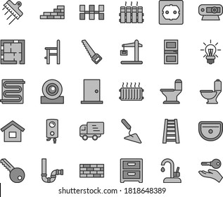Thin line gray tint vector icon set - a chair for feeding vector, dwelling, brickwork, brick wall, building trowel, arm saw, stepladder, sink, toilet, comfortable, siphon, laying out, key, interroom